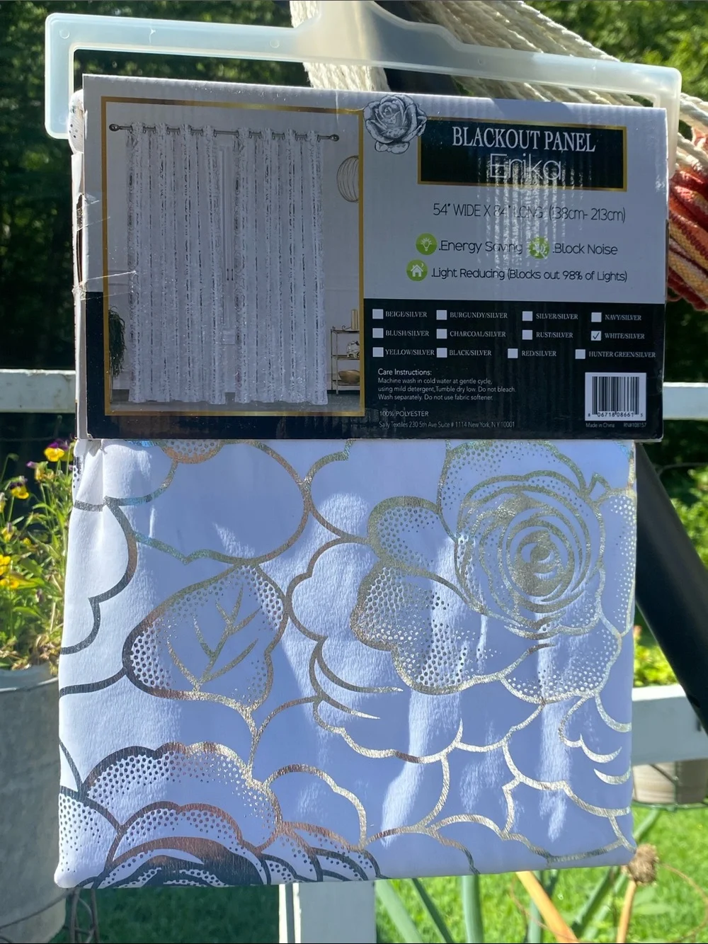 Erika White Window Panel with Metallic Silver Rose Pattern 54 x 84